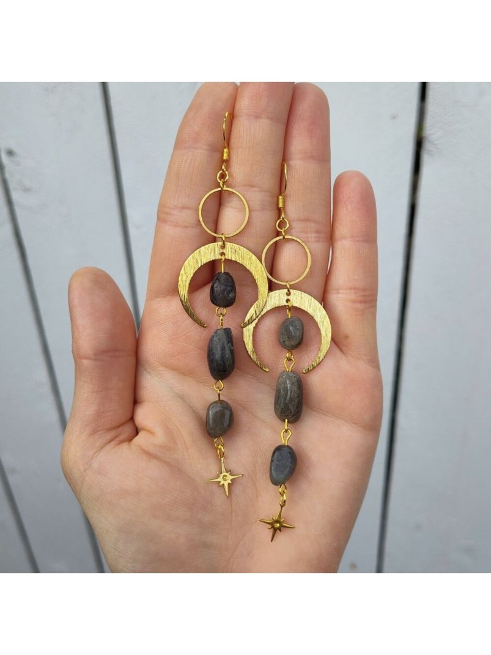 Labradorite Moon Earrings, Celestial Dangle Earrings, Natural Labradorite